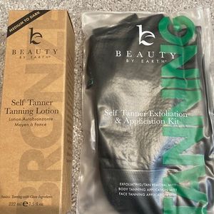 Beauty by Earth self tanner and self tanner exfoliation and application kit.